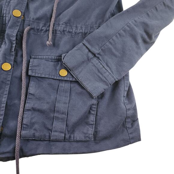 Navy Blue Cargo Jacket Womens Medium Gold Red Hooded Full Zip Utility Chore - Picture 9 of 16